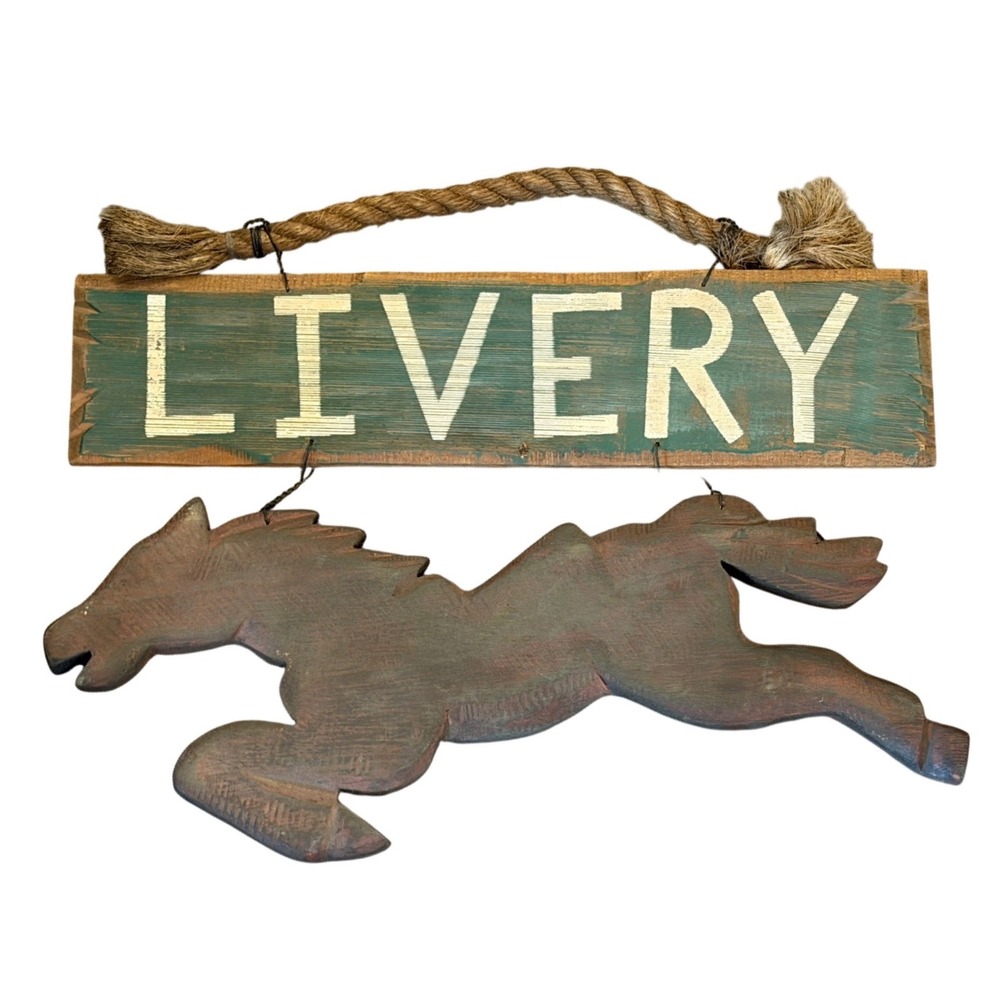 Vintage Rustic Wooden Livery Sign Rearing Horse Cutout Barn Tack Room Wall Decor